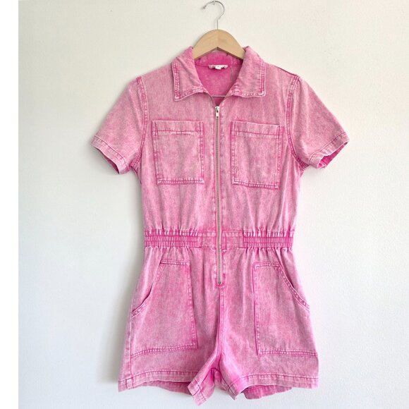Elan Denim Pink Acid Wash Jumper, Full Zipper Denim Shorts Jumpsuit Hot Pink - Picture 1 of 9